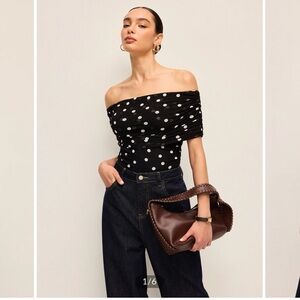 Commense Black and White Polka Dot Off-Shoulder Bodysuit